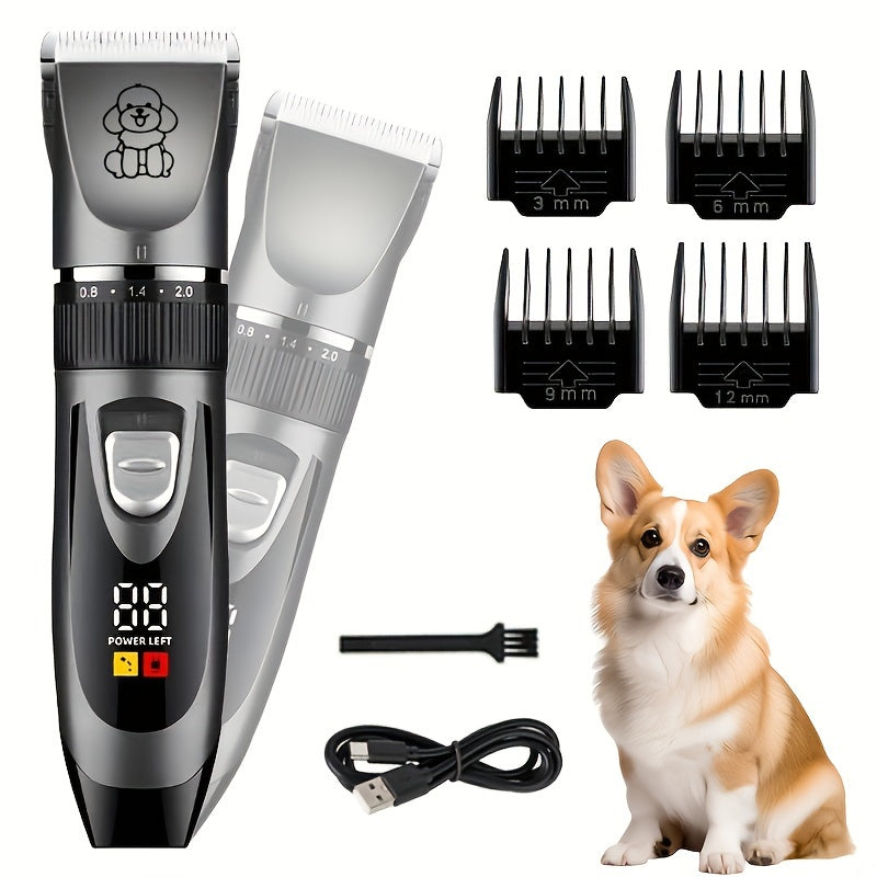 Professional pet grooming electric clipper set with USB charging, low noise design for dogs. Rechargeable with lithium battery and cordless trimmer for pet hair cutting. Multiple guard