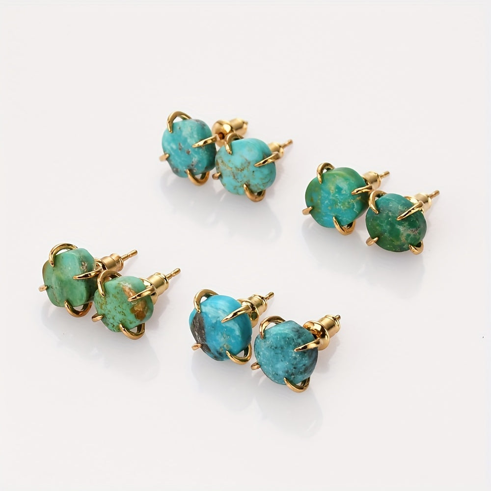 Pair of 14K Gold Plated Copper Stud Earrings with Natural Turquoise Stone, Boho Chic design, Perfect for Everyday Wear and Gifting.