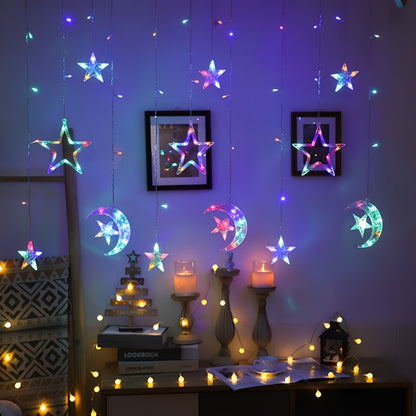 1 LED fairy curtain lights with stars and moon, perfect for Ramadan, weddings, birthdays, parties, and romantic settings - battery-free.