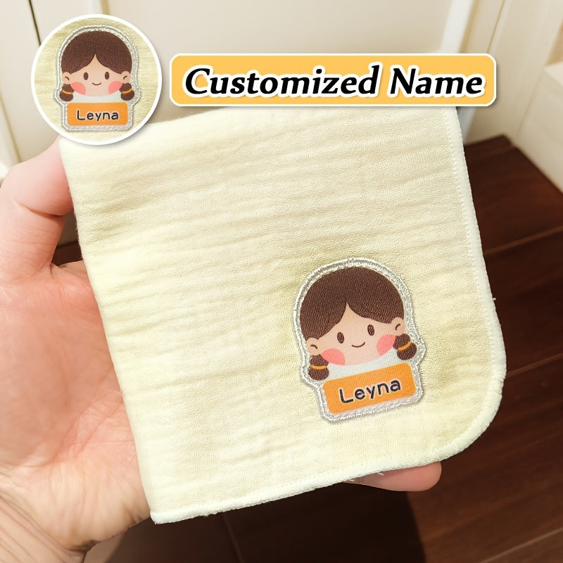 Soft and absorbent gauze handkerchiefs designed for youngsters, featuring breathable, natural material and adorable cartoon designs. Personalized name option also available. Includes 3 pieces.