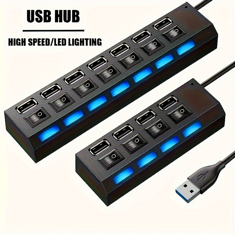 1pc USB Adapter Hub with 7 or 4 Ports, LED Light and Power On/Off Switch for PC or Laptop