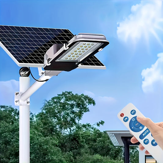 Energy-efficient outdoor solar street light with 6000/4000mAh battery, remote control, and solar panel for garden and yard lighting.