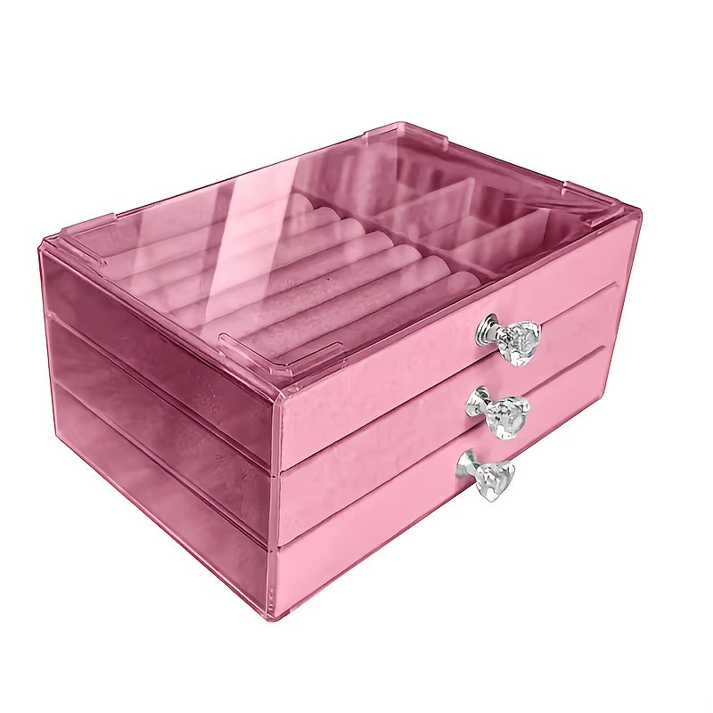 Luxurious Velvet Acrylic Jewelry Storage Box with 3 Drawers, Stackable and Displayable, Ideal for Women's Accessories.