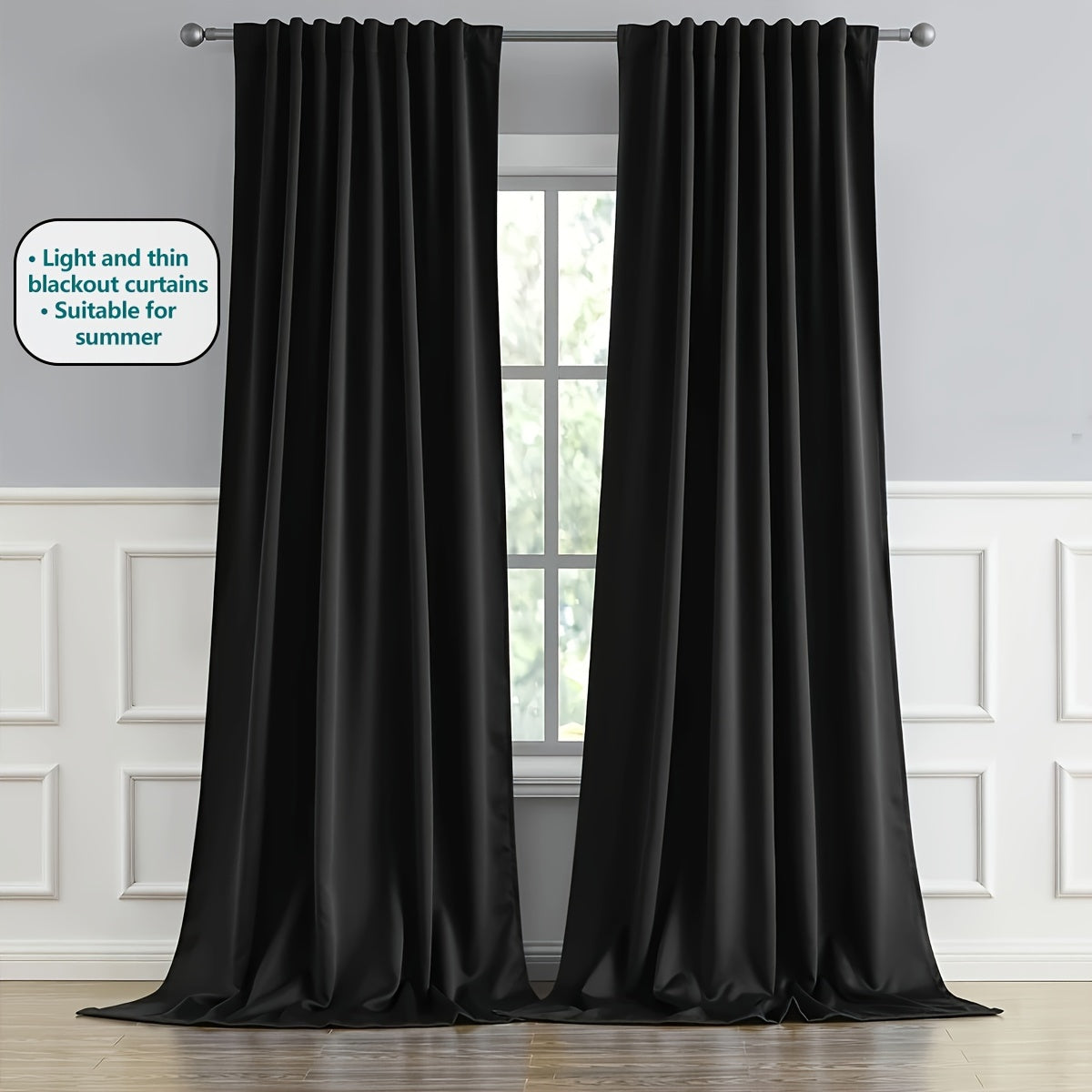 Two pieces of contemporary blackout curtains made from thermal insulated twill weave polyester. They are designed to reduce noise and block out light, making them perfect for the living room, bedroom, or study. These curtains feature a hook and ring rod