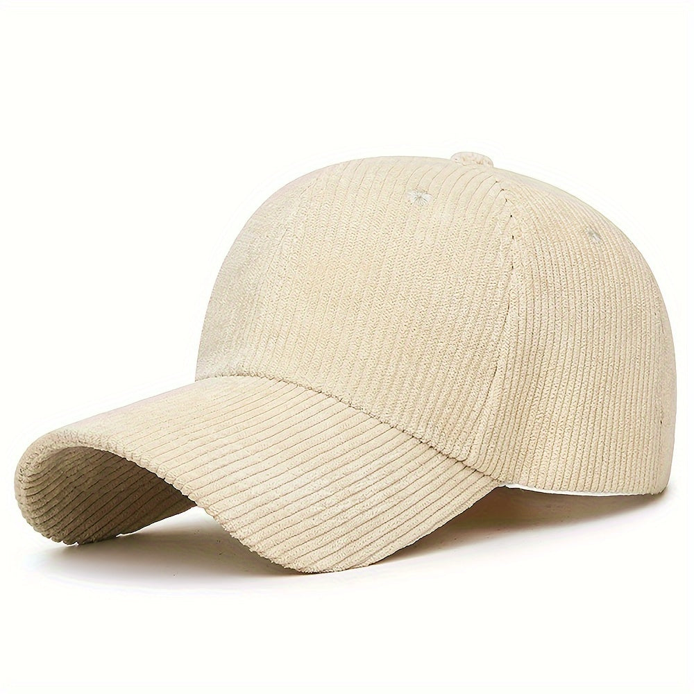 Striped corduroy baseball cap, adjustable snapback, breathable, machine washable, available in multiple colors.