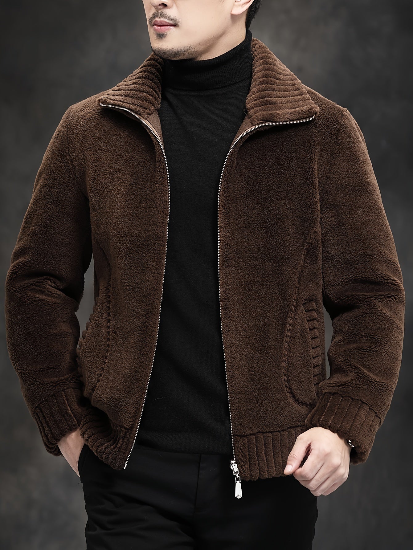 Men's Casual Faux Fur Jacket made of 7% Wool and 93% Polyester with solid color, stand collar, zipper closure, cold resistance, and non-stretch knit fabric. Ideal for hiking and outdoor