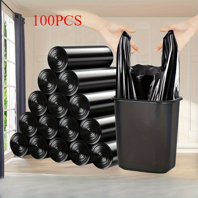 100 pieces of extra thick black trash bags with handles are designed to be durable and leak-proof, making them ideal for use in the kitchen, pet waste disposal, yard cleanup, and more. These garbage bags are perfect for use in homes, dorms, and