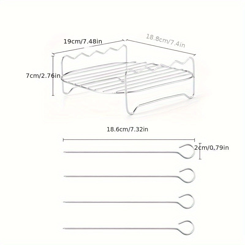 Set of stainless steel air fryer racks, featuring a round dual layer skewer holder. Compatible with most air fryers, these versatile roasting and grilling racks come with skewers for cooking and are safe for use in the dishwasher.