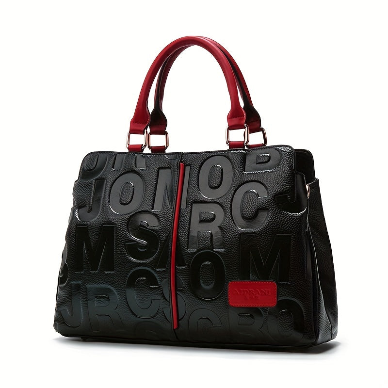 Luxury leather tote bag with embossed letters for women.