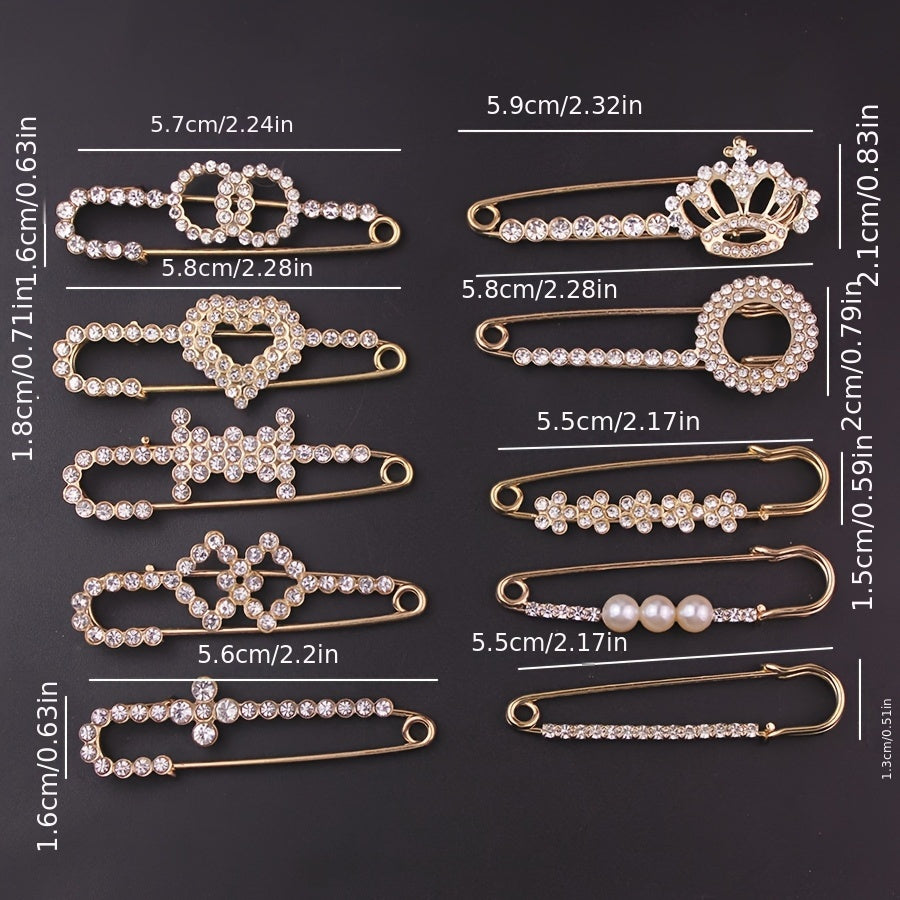 Set of 10 Elegant Brooches Featuring Faux Pearls and Rhinestones - Ideal for Adding a Touch of Elegance to Cardigans, Scarves, and Suits