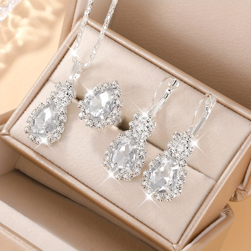 Simple and fashionable waterdrop shaped women's jewelry set includes 1 necklace, 1 ring, and 2 earrings, suitable for daily or vacation wear.