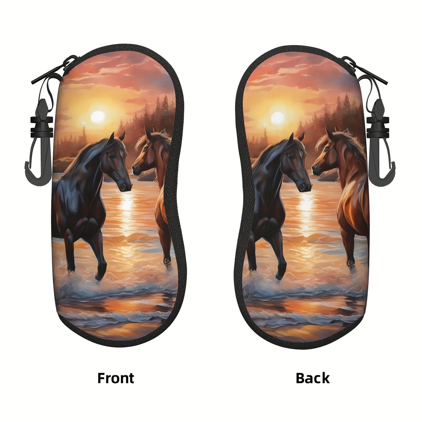 Trendy Horse Patterned Glasses Case - Stylish and Convenient Neoprene Eyewear Pouch with Zipper and Belt Clip for Women