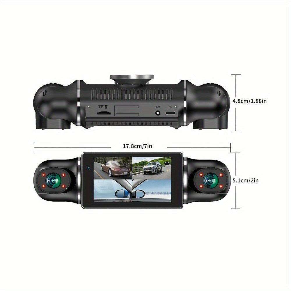 Wireless 4-channel GPS dash cam with 24-hour parking mode and memory card, recording 360° front, left, right, and rear views.