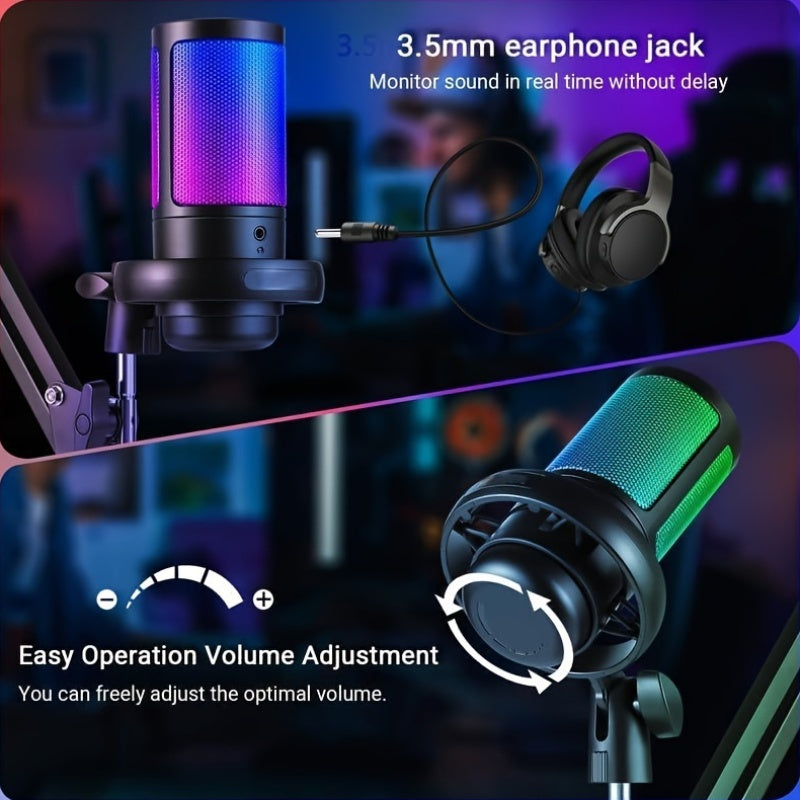 RGB 7-Color LED mic with headphone jack, mic gain function, USB-C, omni-directional for gaming, singing, karaoke, video conferencing, and streaming. USB powered, no battery needed.