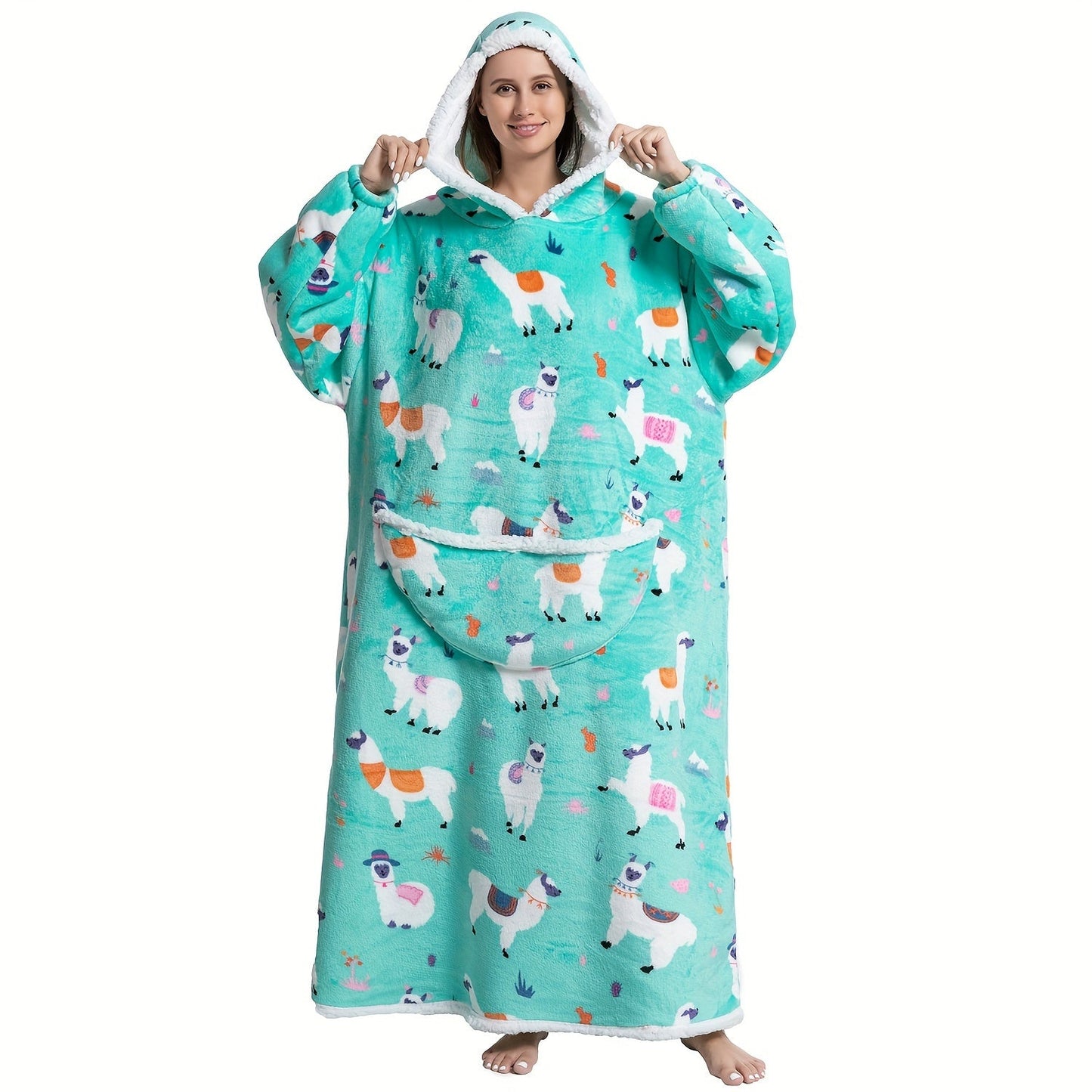 Stay warm and cozy in this Extra Long Wearable Blanket Hoodie featuring a Preppy Style Oversized Flannel design with Animal Print for Adults. Made with Polyester Knit Fabric, this Hand Wash Only Cozy Giant Hoodie is perfect for those chilly nights. 1pc