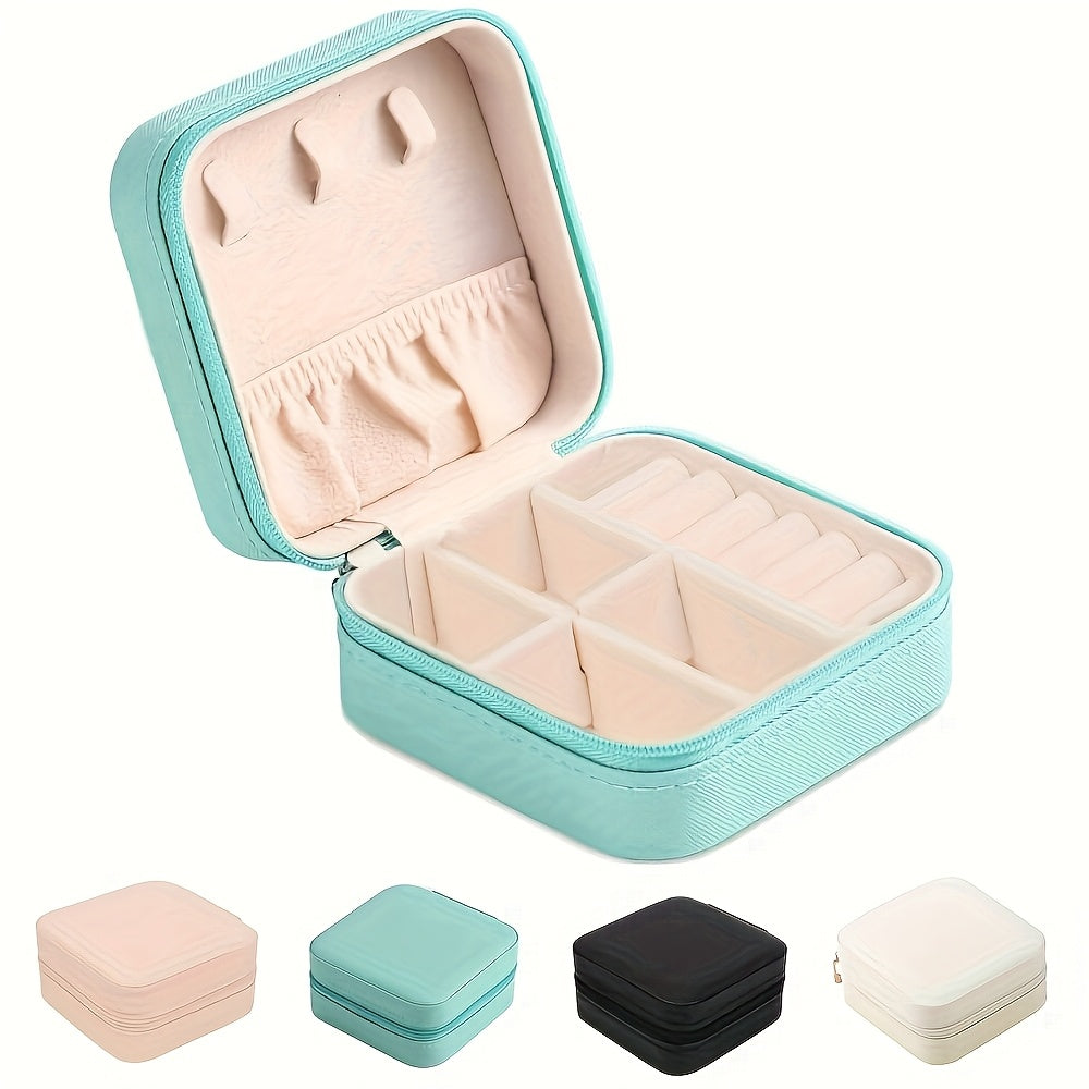 Compact square jewelry box for rings, bracelets, necklaces, earrings, and lipstick with various color choices.