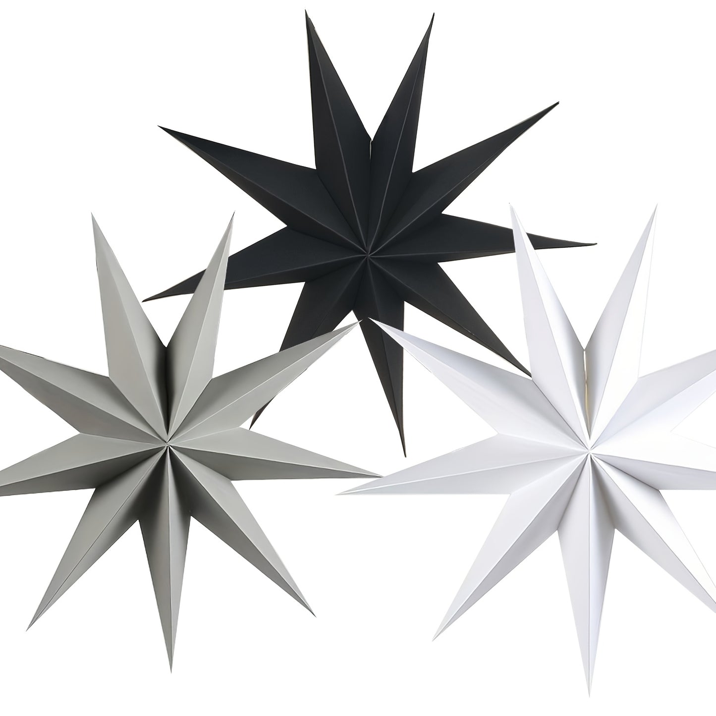 3 black, grey, and white 3D paper star lanterns, each measuring 30.48cm, ideal for Christmas and Xmas party decorations indoors.