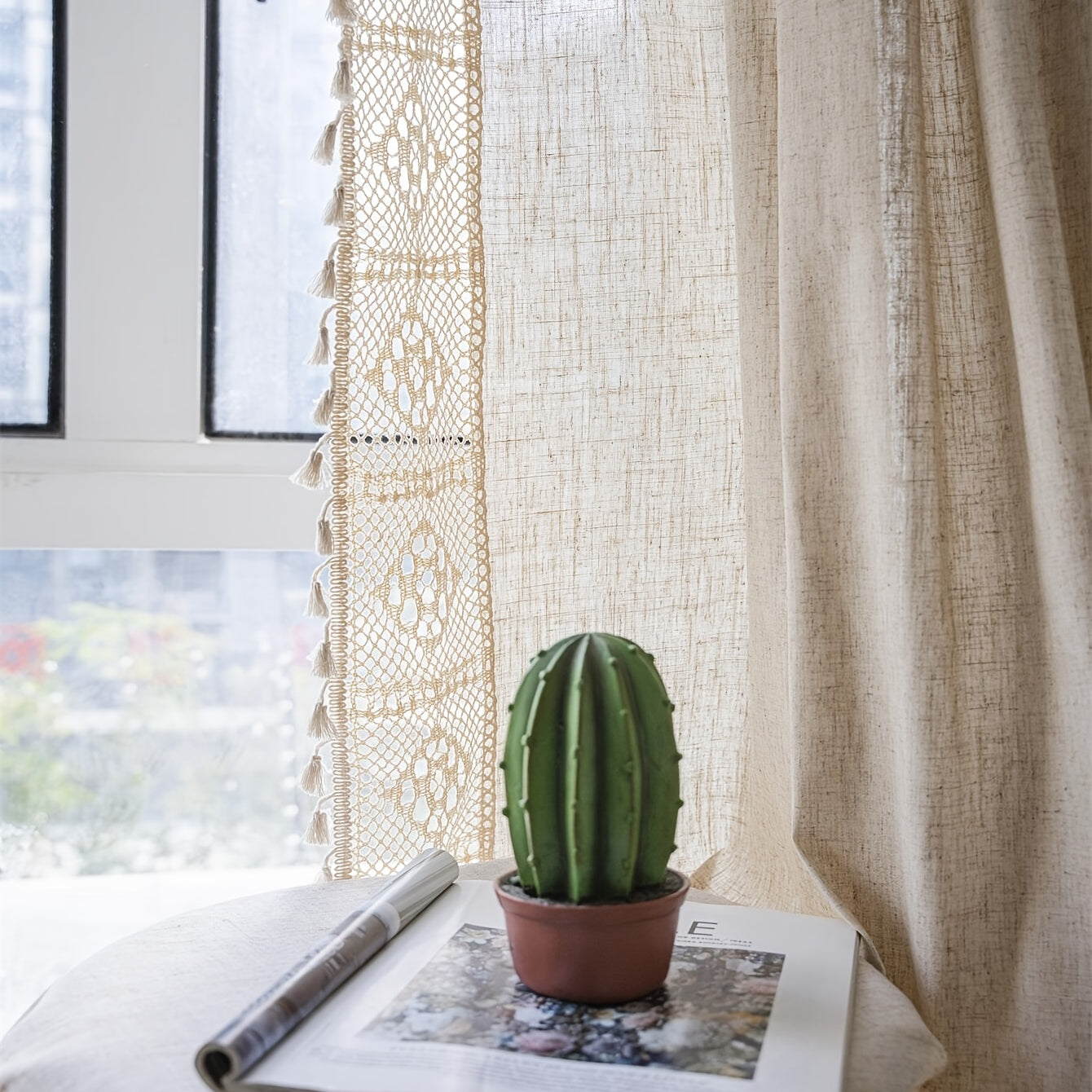 Boho-Chic Pure Linen Crochet Curtain with Tassels - Semi-Sheer Panel, American Farmhouse Style, Rod Pocket Design for Living Room, Bedroom, Dining & Kitchen, UV Protective, Hand Washable - Perfect for Living Room Decor