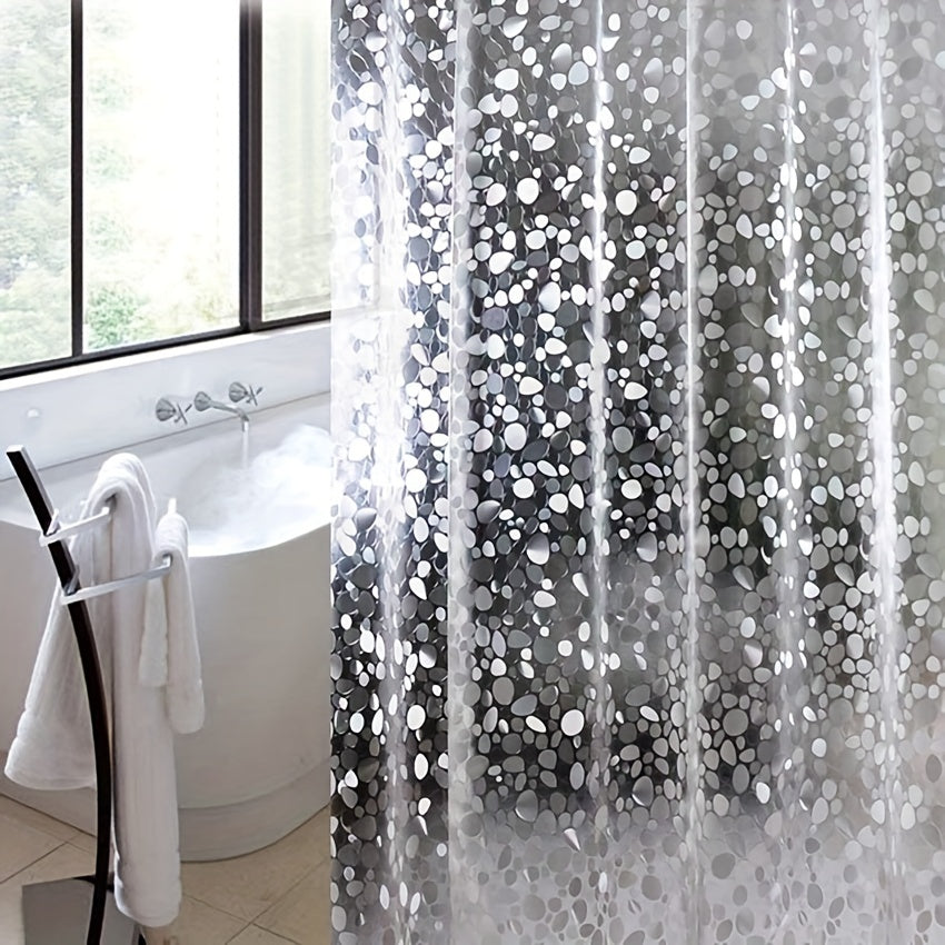 Waterproof cobblestone geometric shower curtain with hooks for bathroom decor.