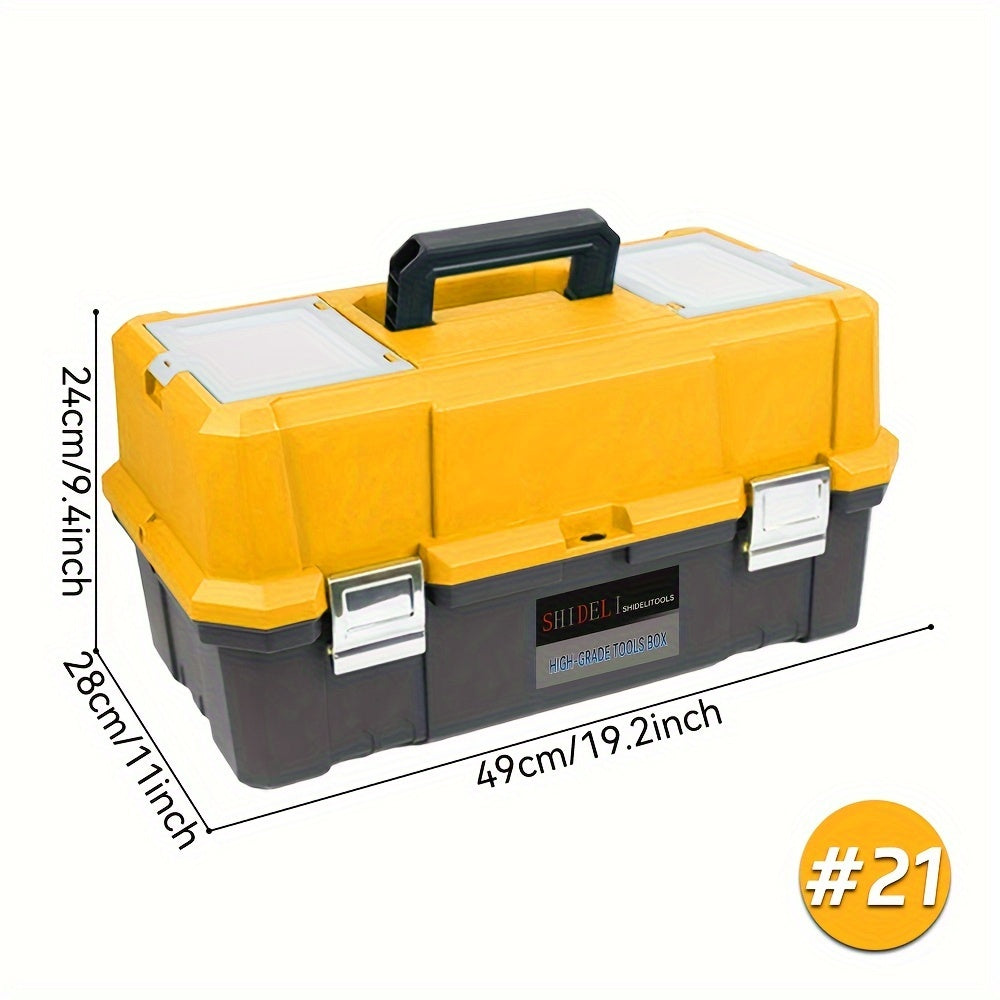 21-Inch 3-Tier Plastic Tool Box Organizer with Metal Handles, Waterproof Design, Black/Yellow - Essential for Home and Garage Organization.