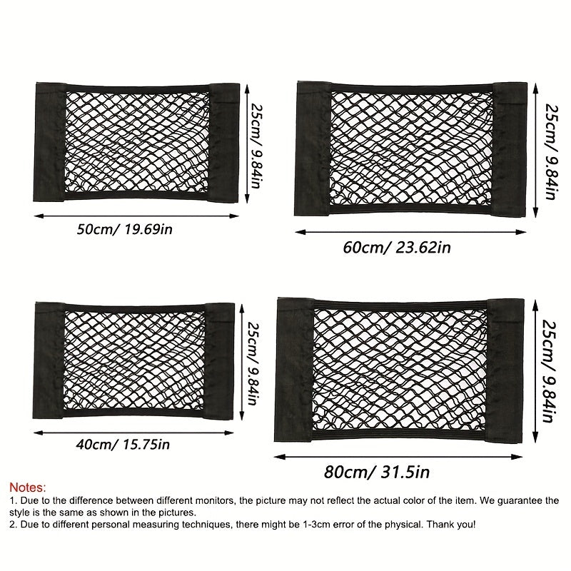 Universal car storage net for trunk organization with nylon material, can be used on rear seat or trunk wall.