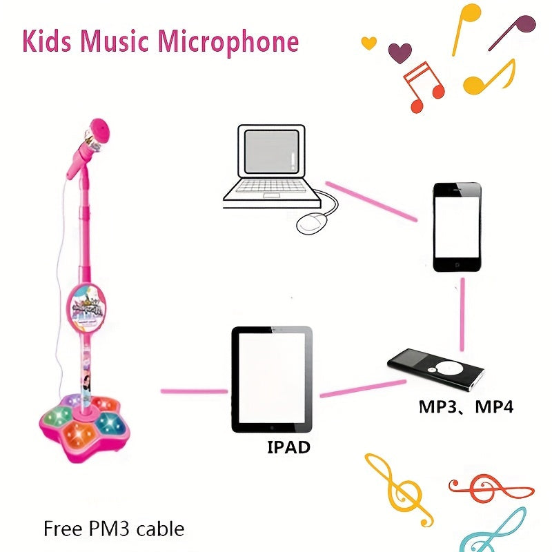 Kids' Karaoke Microphone with Stand - Adjustable height, light effects, MP3/phone connectivity. Perfect birthday gift for boys & girls, engaging, educational toy. Brain-training music