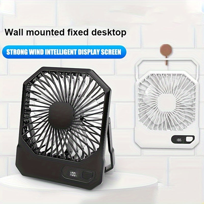 Introducing the 1pc Portable USB Desktop Fan with Digital Display. This 3-speed 6-inch mini cooling fan offers 180° silent operation and is perfect for indoor and outdoor use. With button control and a rechargeable lithium battery, it's ideal for home