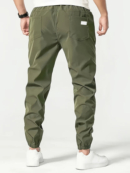 Men's Beige Cargo Pants with Multiple Pockets - Machine washable, comfortable loose fit, ideal for outdoor activities, made of durable polyester fabric.