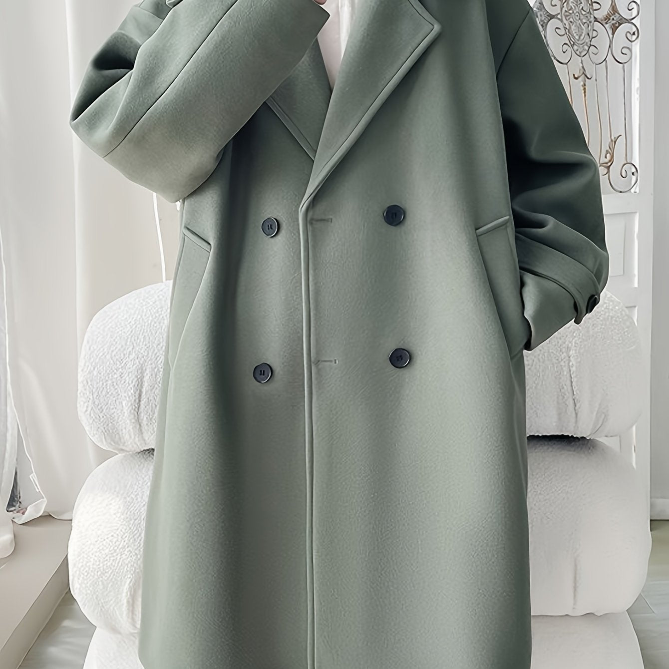 Men's Elegant Double-Breasted Overcoat - Casual Long Coat for Fall & Winter with Solid Color and Open Collar.