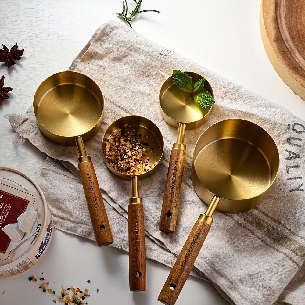 Set of 8 Golden Stainless Steel Measuring Cups and Spoons with Wooden Handles - Ideal for Cooking, Baking, and Kitchen Needs