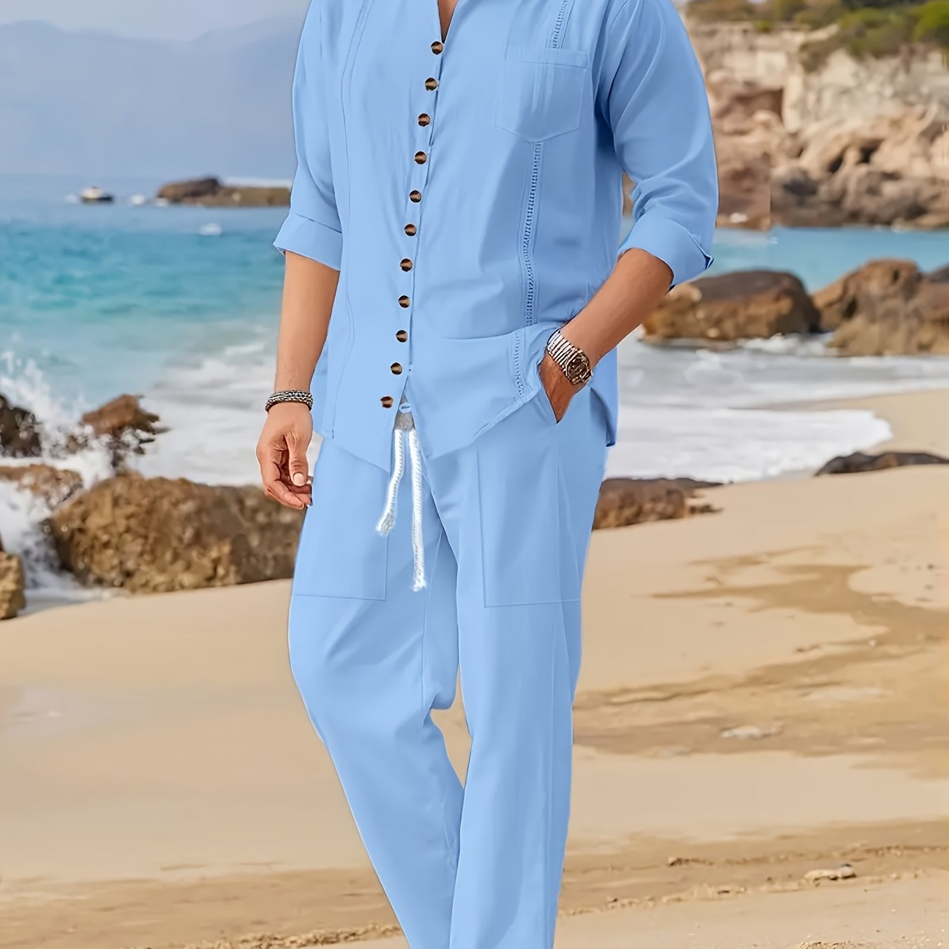 Men's Cotton Cuban Style Casual Suit for Spring and Autumn, Fashionable Two-Piece Set for the Beach.