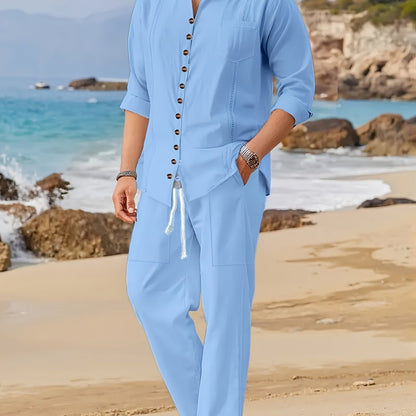 Men's Cotton Cuban Style Casual Suit for Spring and Autumn, Fashionable Two-Piece Set for the Beach.