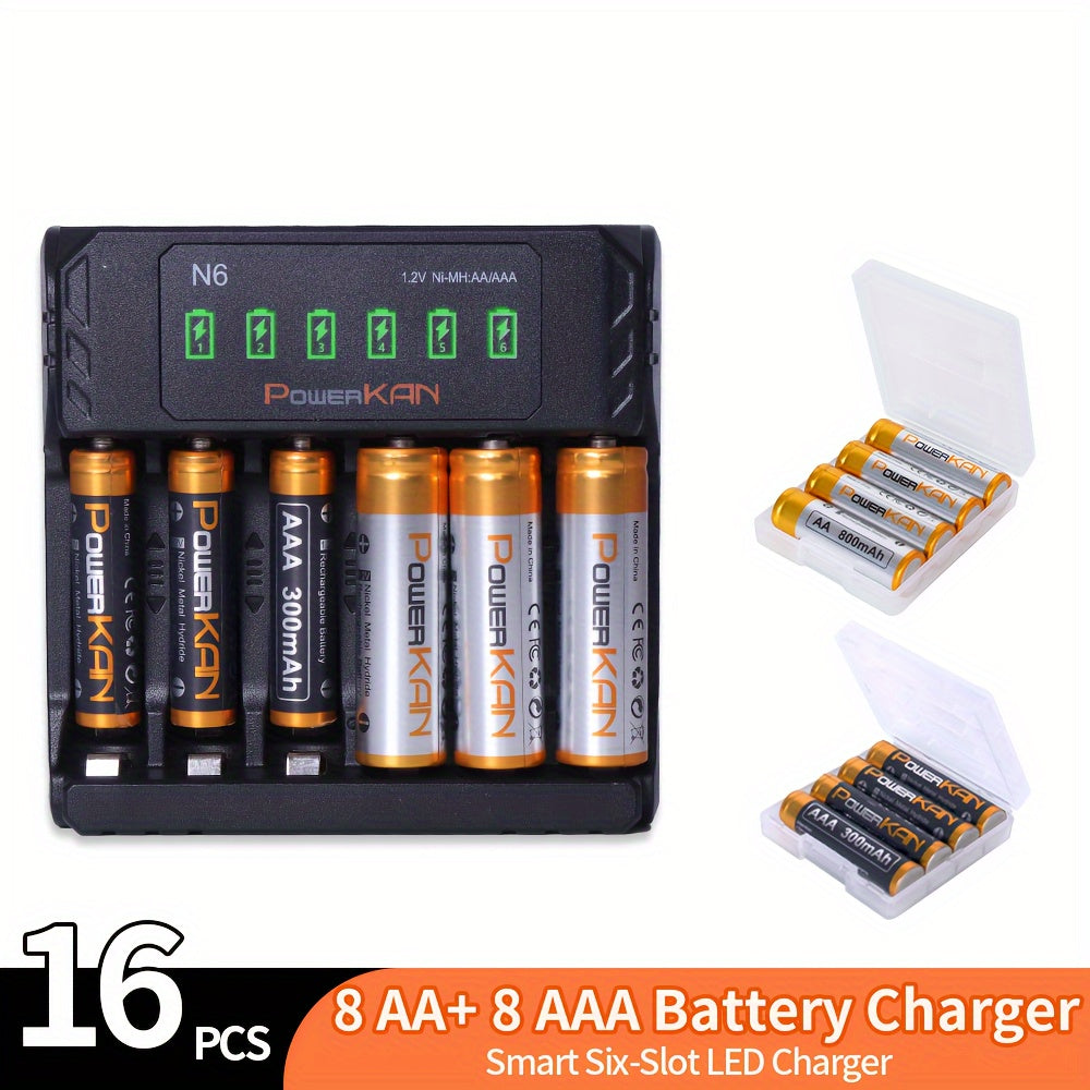 PowerKAN 1.2V NiMH Rechargeable Battery Set includes AA & AAA sizes. It comes with eight 800mAh and eight 300mAh batteries, N6 Charger, USB LED Indicator, fast charging, dischargeable