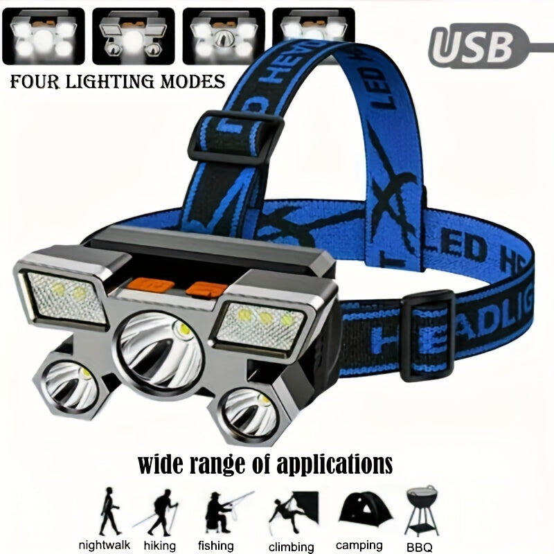 USB rechargeable headlamp with 5 LEDs, built-in battery, and portable design for various outdoor activities such as travel, camping, fishing, and hunting.