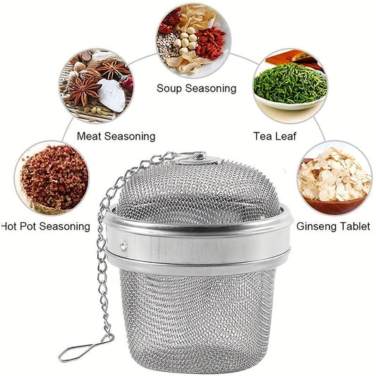 A tea infuser made of durable stainless steel featuring a 304 mesh strainer, perfect for brewing loose leaf tea, spices, and seasonings. This kitchen gadget comes with a convenient chain hook for easy removal from your cup or pot.