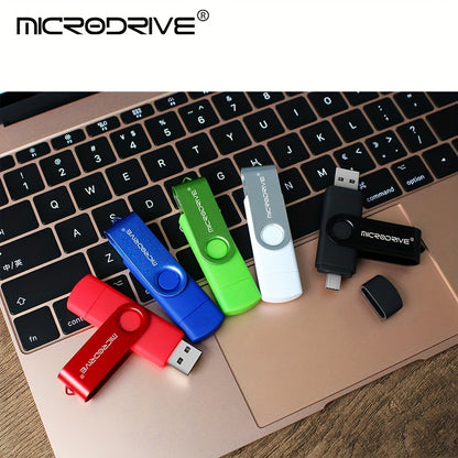 MiCRODRIVE USB 2.0 Pen Drive in 4GB, 8GB, 16GB, 32GB, 64GB, and 128GB capacities, with a 360 rotating metal design and Type-C compatibility for Android devices. Available in black, blue