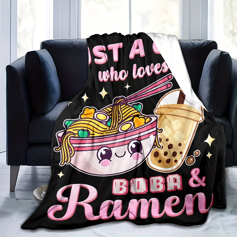 Sovg'a to'plami: Ramen Boba Ko'rpa - O'g'il va qizlar uchun ushbu yoqimli ko'rpa bilan iliq va qulay bo'ling - Rojdestvo, yotoq, divan va sayohat uchun yumshoq plush qora bosma ko'rpa