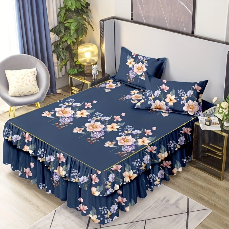 Set of 3 Macrame Bed Skirts with Flower Print, Suitable for All Seasons, with Universal Non-slip Design. Includes 1 Bed Skirt and 2 Pillowcases, Core not included.