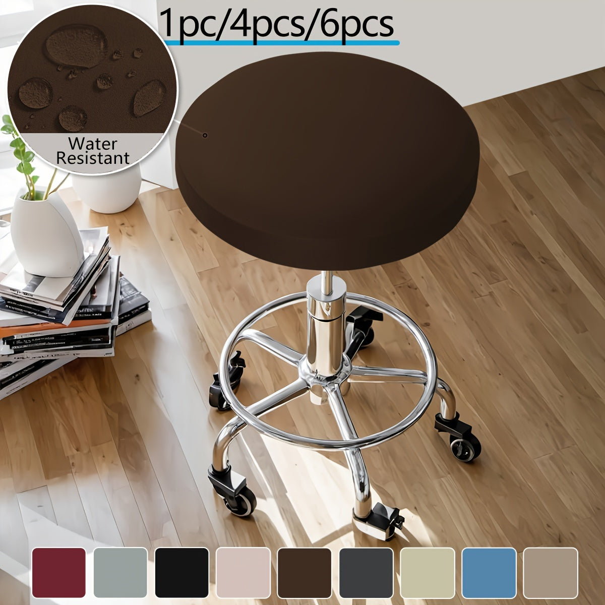 Classic solid color round stool cover in 1pc, 4pcs, or 6pcs options. Made of high elastic material that is clear and natural, dustproof, soft, and adhesive. Suitable for various round chairs. Weighs 120gsm.