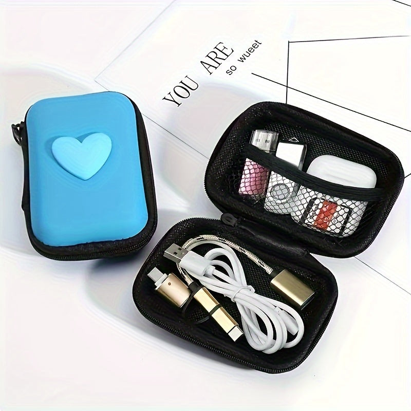 Heart-shaped storage bag for earphones, data cables, and chargers with anti-fall zipper.