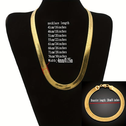 Men's Fashion Accessory Set: 2-piece Golden-Tone Flat Herringbone Necklace and Bracelet