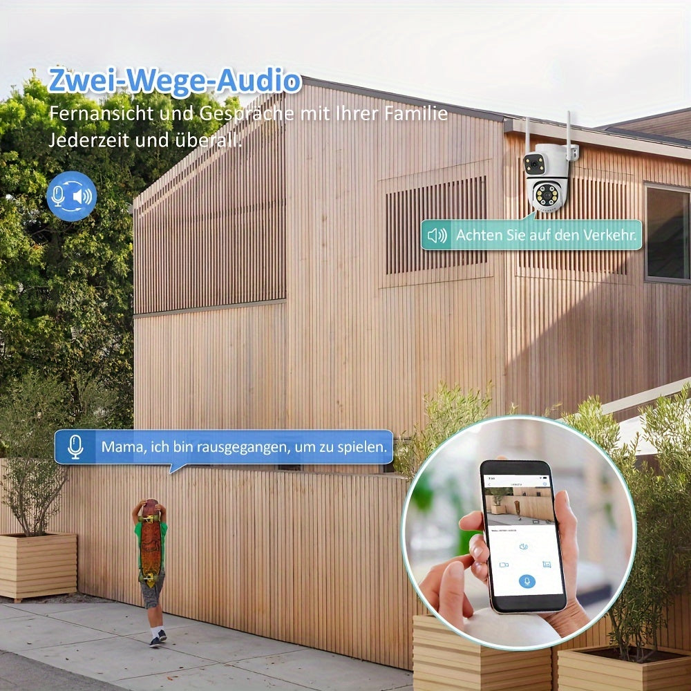 Enhance the safety of your home with the Anyazhineng 1080P Dual Lens Outdoor Security Camera. This WiFi-enabled camera features auto tracking, human detection, night vision, and two-way audio. With 360° pan tilt control, you can keep an eye on every