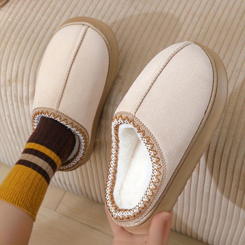 Warm and stylish beige flannel slippers for women with plush lining and striped cuff detail, suitable for indoor and outdoor wear.