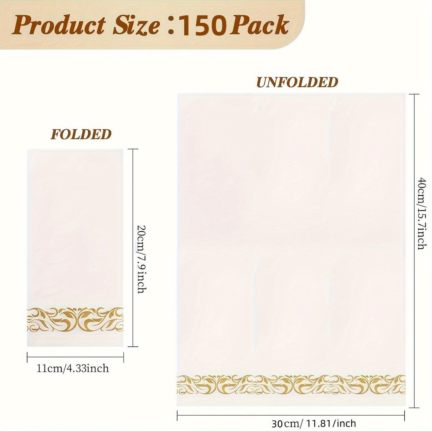 A pack of 150 disposable guest towels featuring a linen-like design, perfect for the kitchen, parties, weddings, banquets, or as decorative hand towels in bathrooms. Each box contains 3 packs, with 50 towels in each pack, for a total of 150 towels.