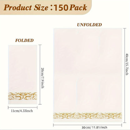 A pack of 150 disposable guest towels featuring a linen-like design, perfect for the kitchen, parties, weddings, banquets, or as decorative hand towels in bathrooms. Each box contains 3 packs, with 50 towels in each pack, for a total of 150 towels.