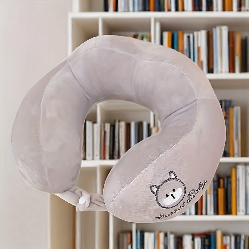 This travel pillow features a U-shaped design for neck support, with a lightweight and non-allergenic construction. The medium softness makes it comfortable for use in both home and car. The pillow has a polyester cover and polyester fiber fill, with a