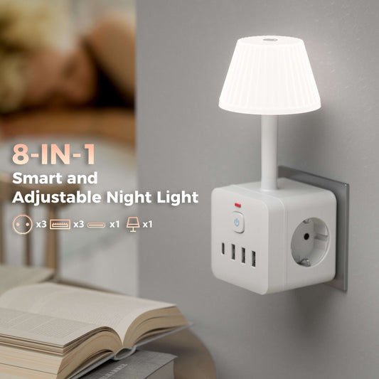 8-in-1 Smart Adjustable Night Light Power Outlet with Overload Protection, 3 Receptacles, 3 USB Ports, Type-C Port, On/Off Switch – Compact Design for Home, Travel, Office, Dormitory Use