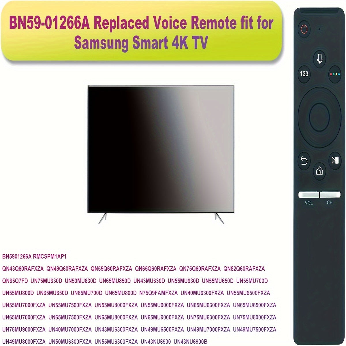 Ergonomic voice-activated remote for Samsung Smart 4K TVs, works with various models, battery-operated.