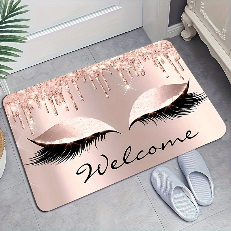 Pink eyelashes and letters patterned kitchen rug made of polyester vinyl material. This mat is anti-slip and absorbent, perfect for use in the kitchen, home office, sink area, or laundry room. It also provides anti-fatigue properties for added comfort.