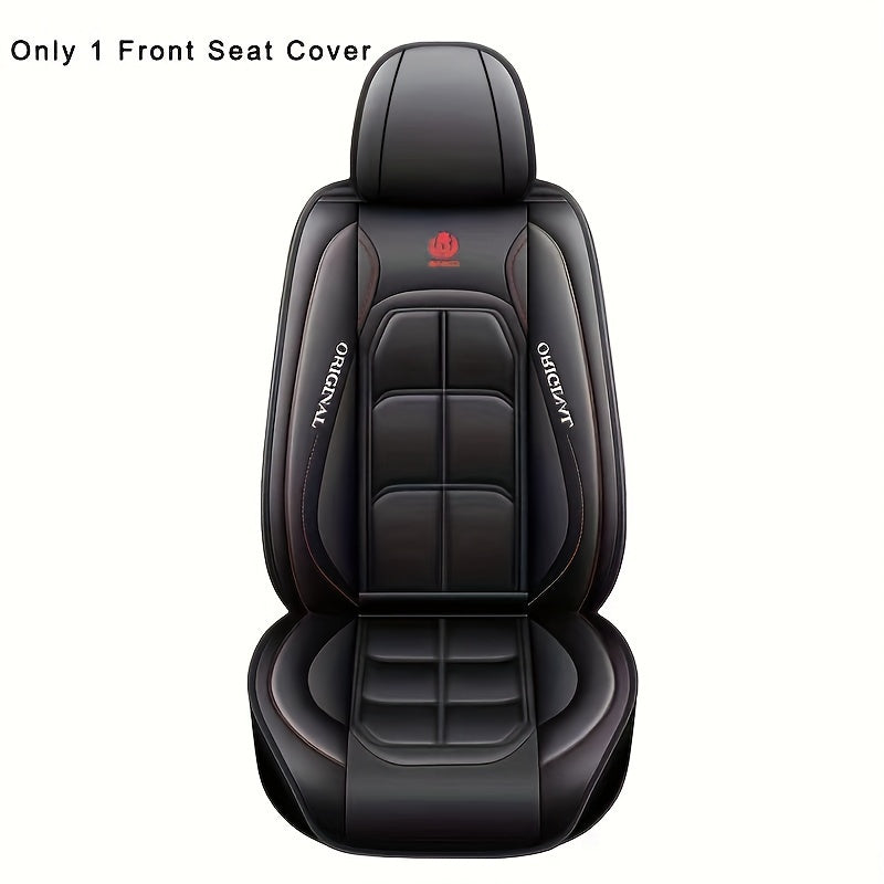 1-piece red & black PU leather car seat cover with "Original" print, suitable for sedans or SUVs. Durable all-season cushion mat that can be hand washed or dry cleaned. Provides car seat